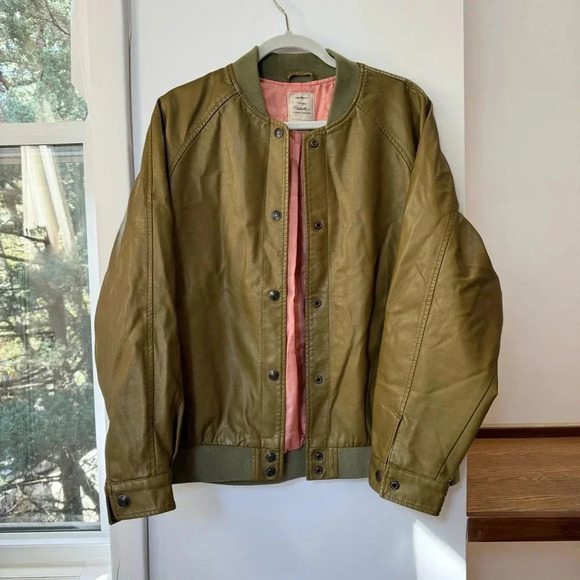 New Free People Wild Rose Vegan Leather Bomber Jacket Green We The Free Small - Picture 1 of 12